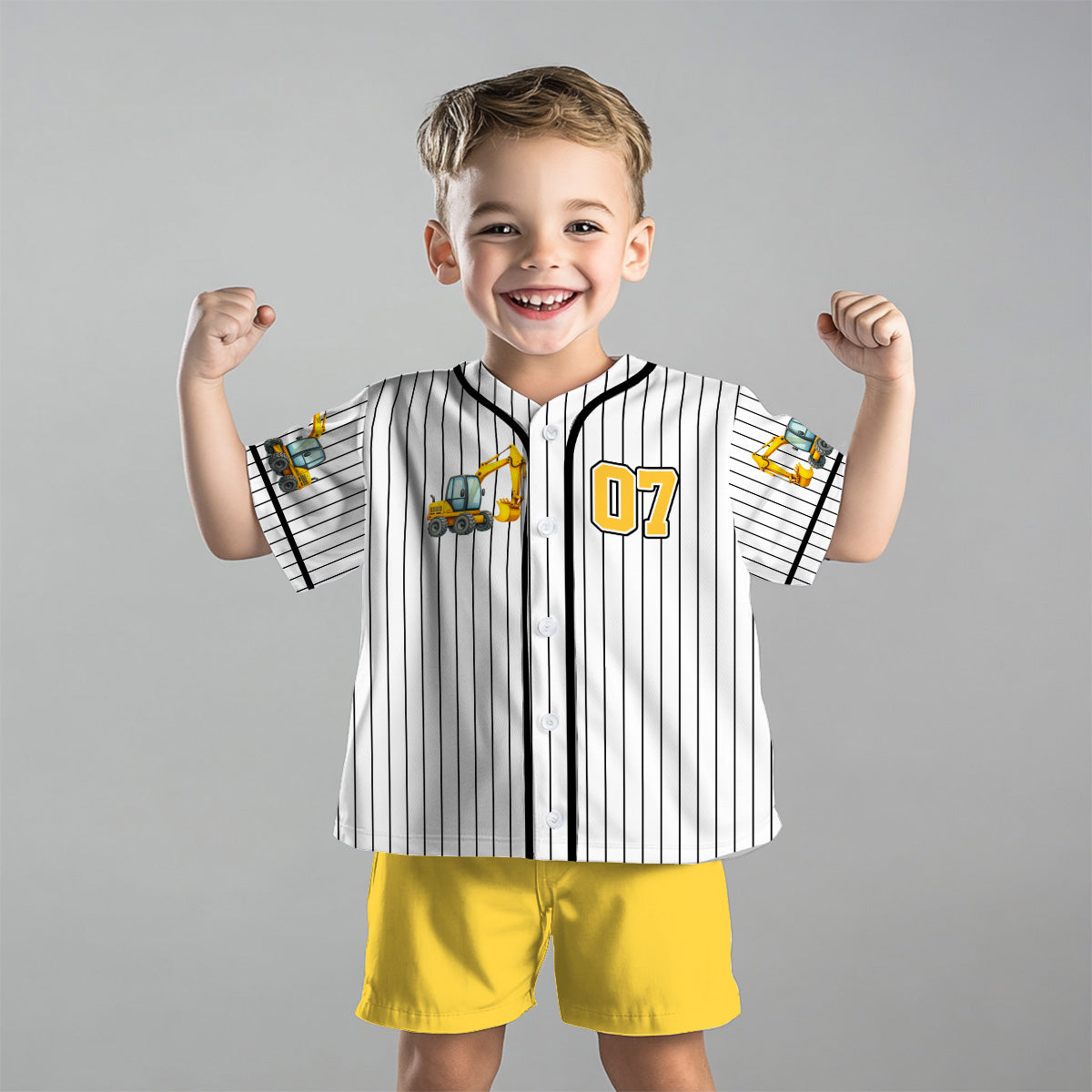 Coole Baustellenfahrzeuge – personalisiertes Kinder-Trikot und Shorts 