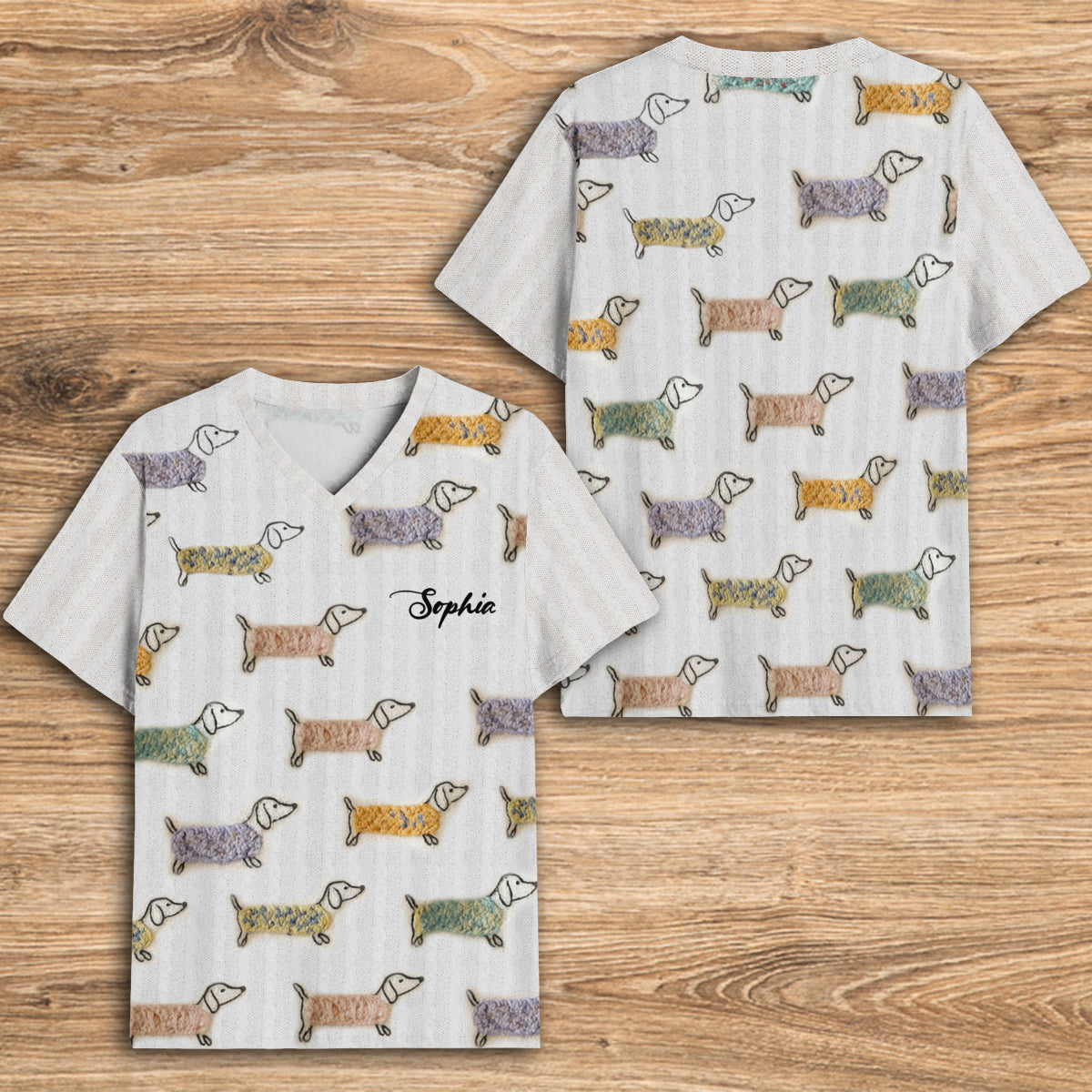 Niedliche Dackel – Personalisiertes Dackel-T-Shirt mit V-Ausschnitt und vollflächigem Aufdruck