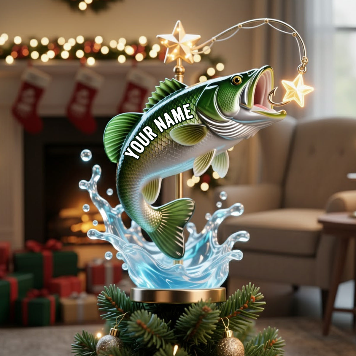 Das perfekte Weihnachtsgeschenk für Angelfreunde – personalisierte LED-Baumspitze mit Angelmotiv