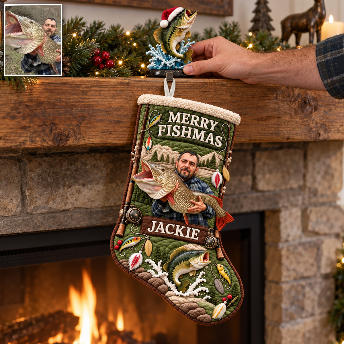 Frohe Fischmas Weihnachtsgeschenk für Angelliebhaber - Personalisierte Weihnachtsstrumpf mit Hänger