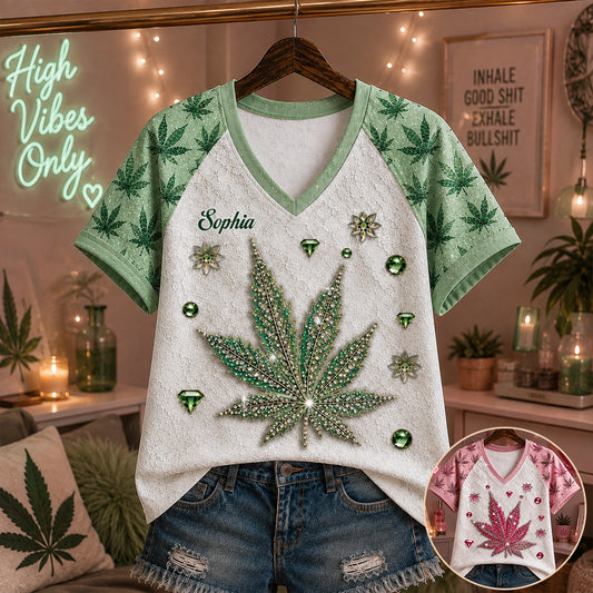 Stoner Girl - Personalisierte Weed Vollbedruckte V-Ausschnitt T-Shirt
