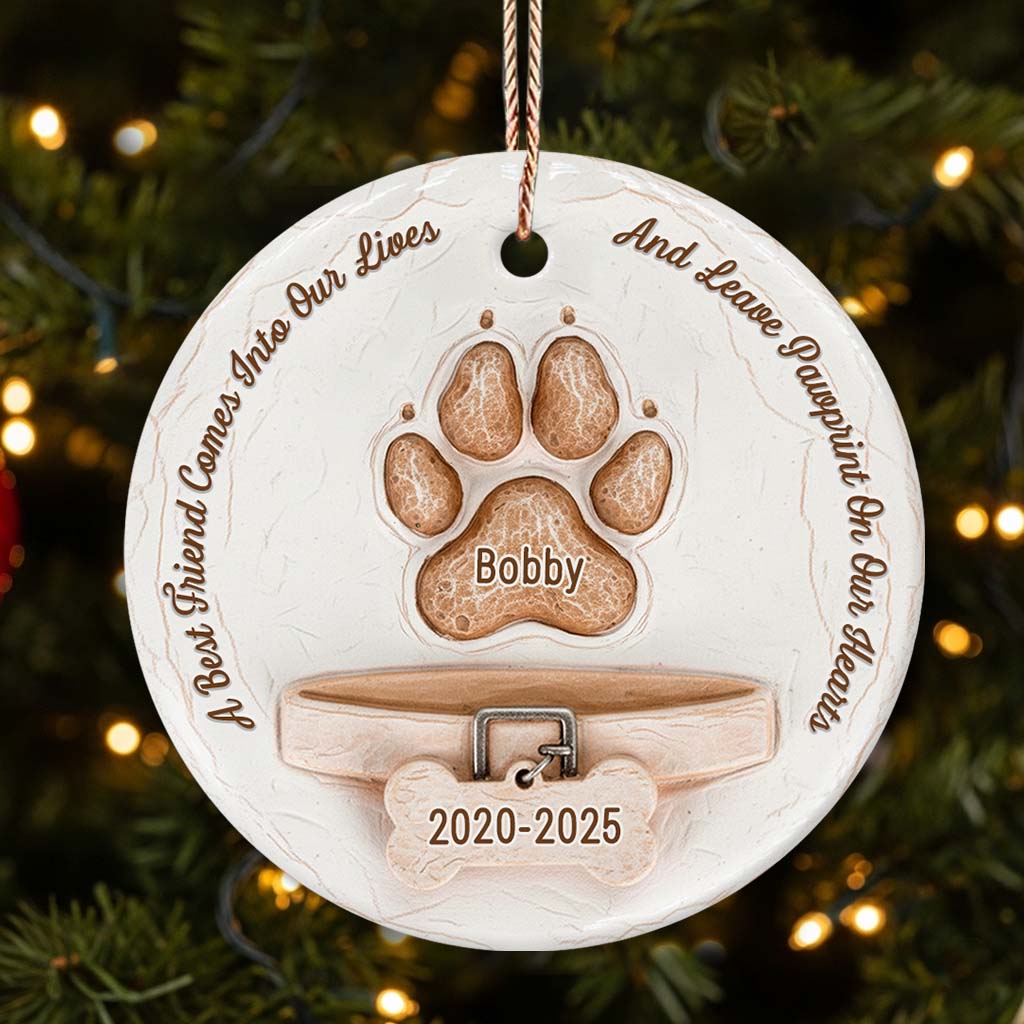 Pawprints On Our Hearts - Personalized Dog Ceramic Circle Ornament