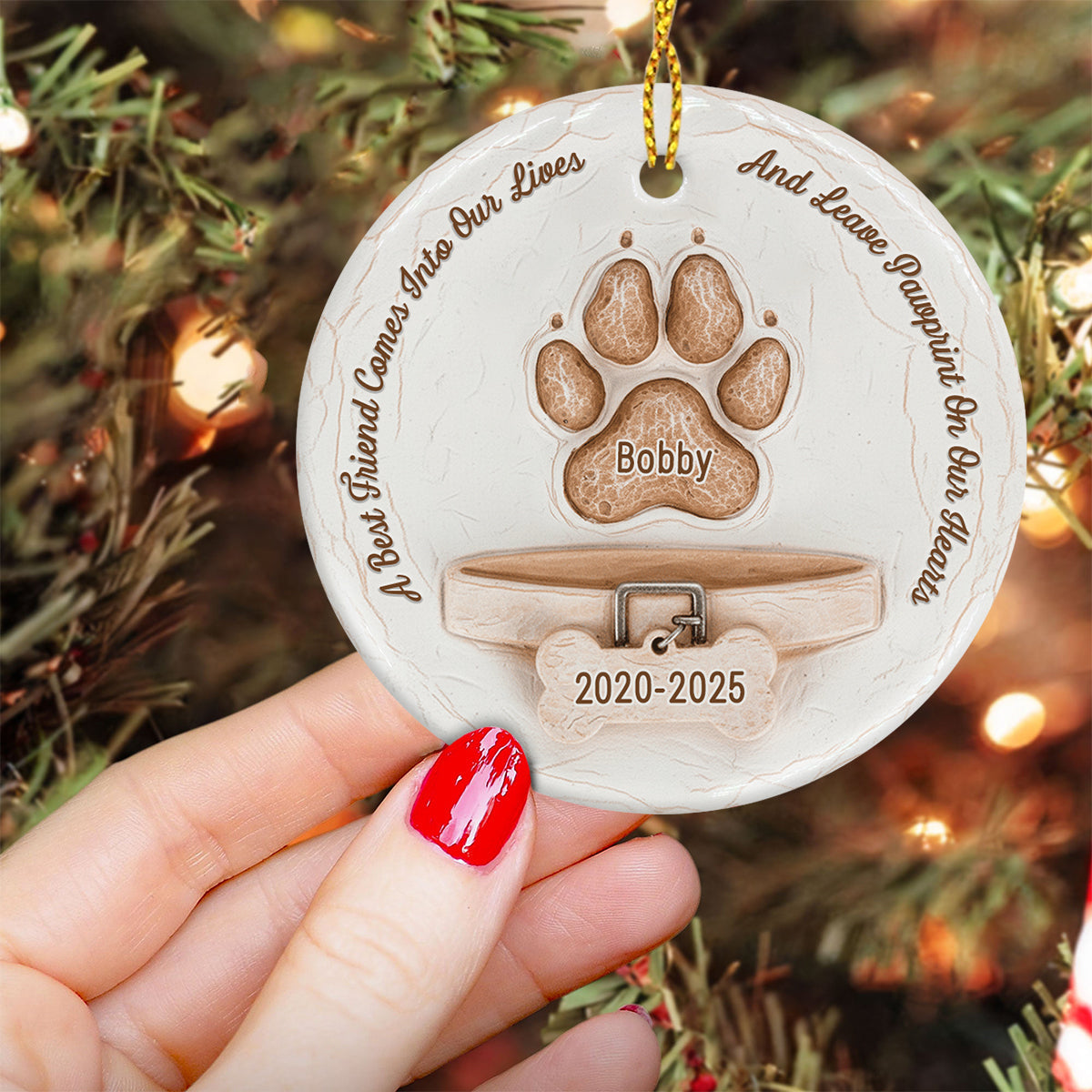 Pawprints On Our Hearts - Personalized Dog Ceramic Circle Ornament