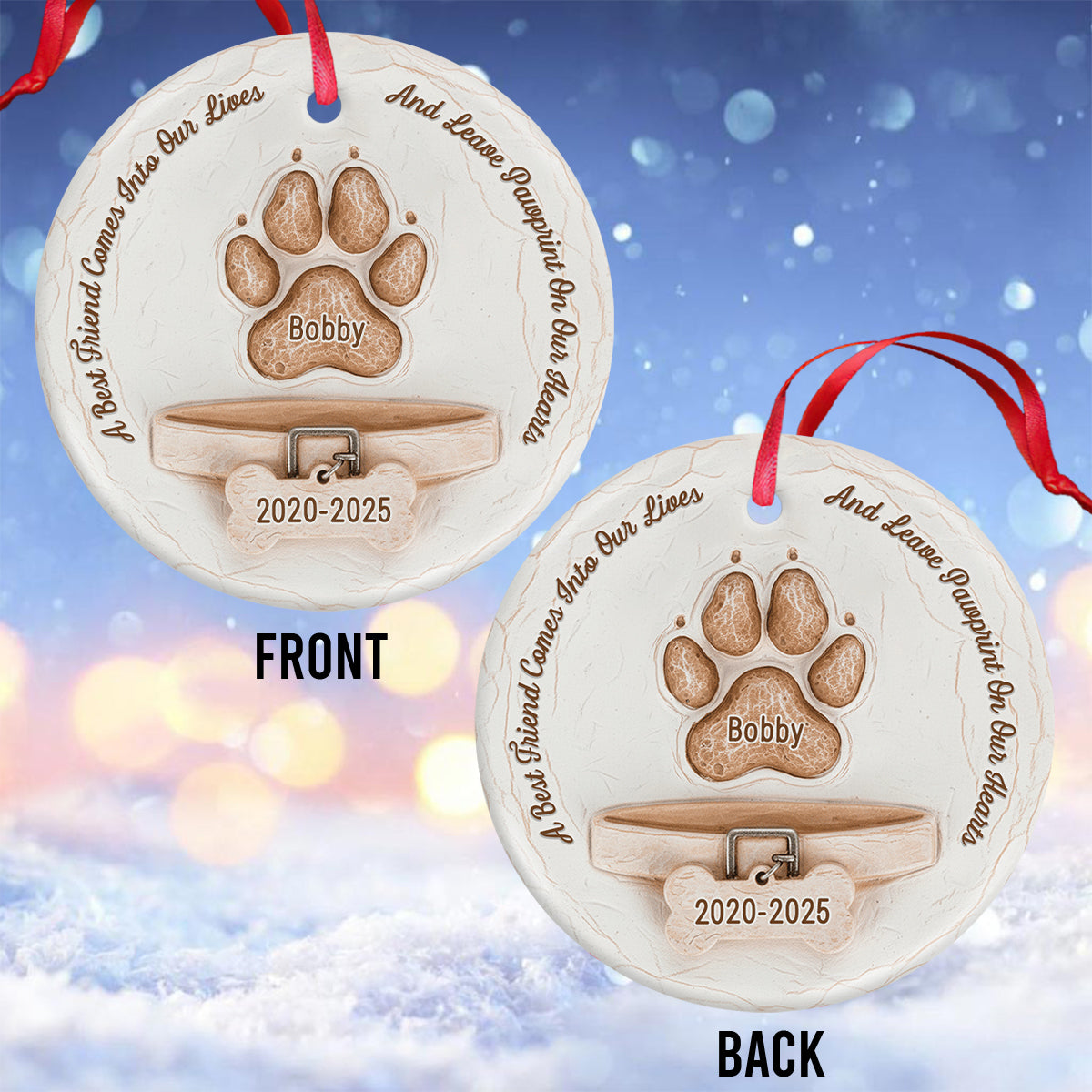 Pawprints On Our Hearts - Personalized Dog Ceramic Circle Ornament