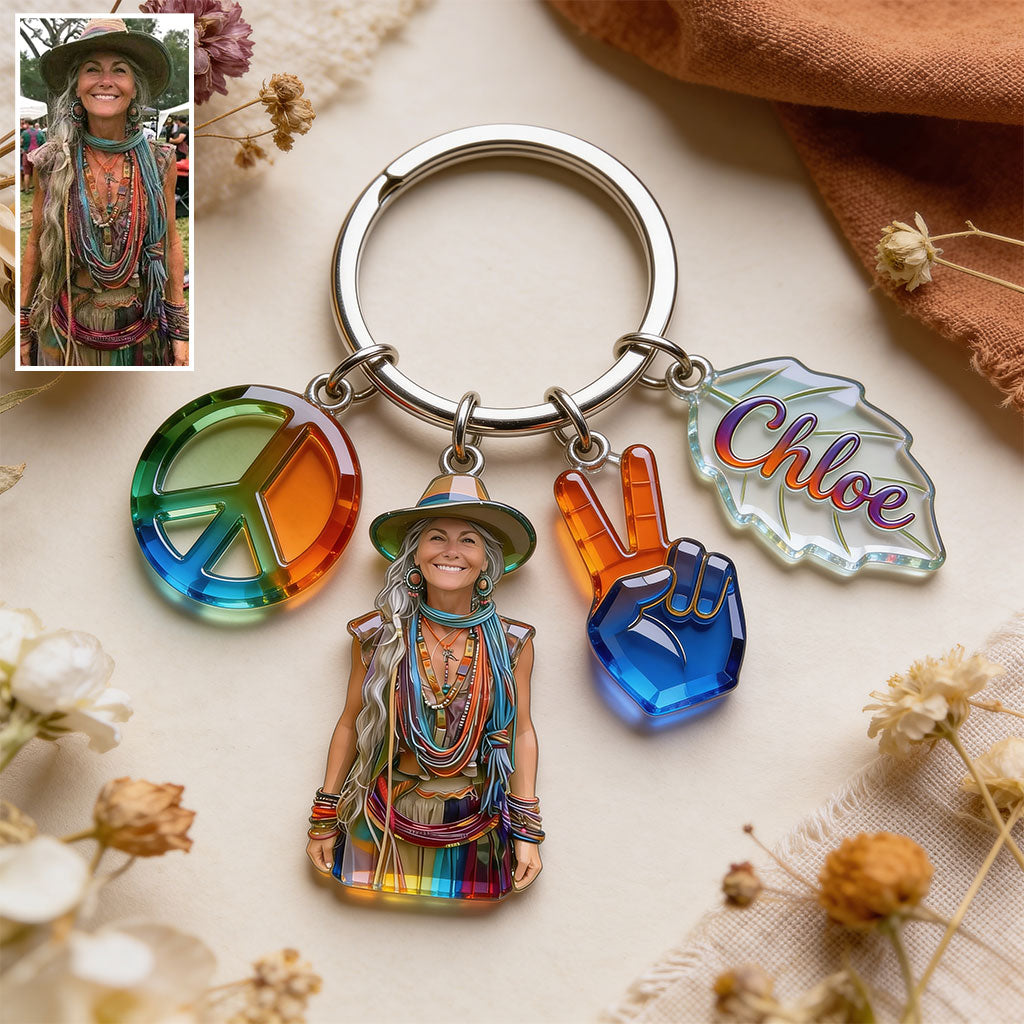 Custom Any Photo Hippie Gift - Personalized Hippie Premium Keychain With Charms