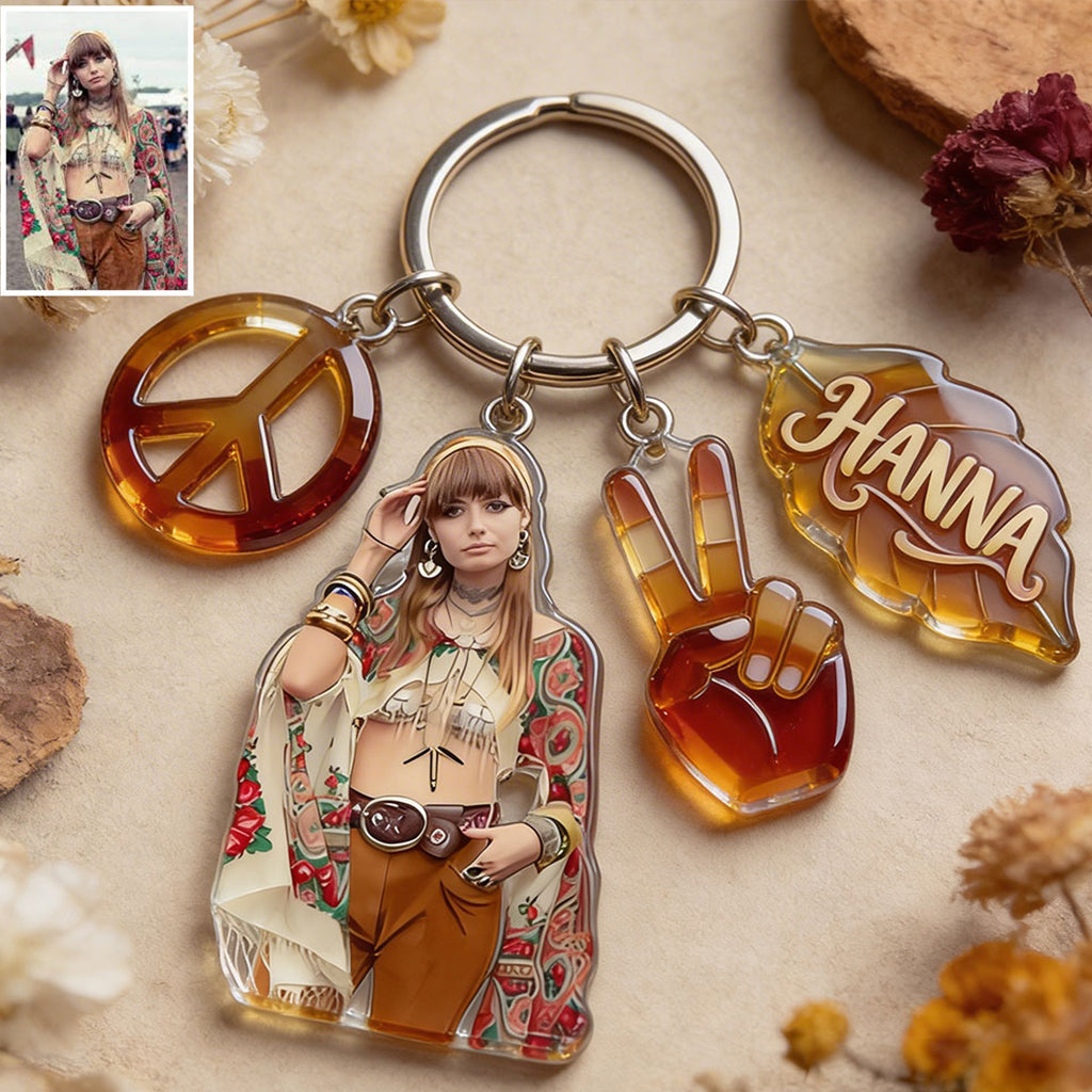 Custom Any Photo Hippie Gift - Personalized Hippie Premium Keychain With Charms