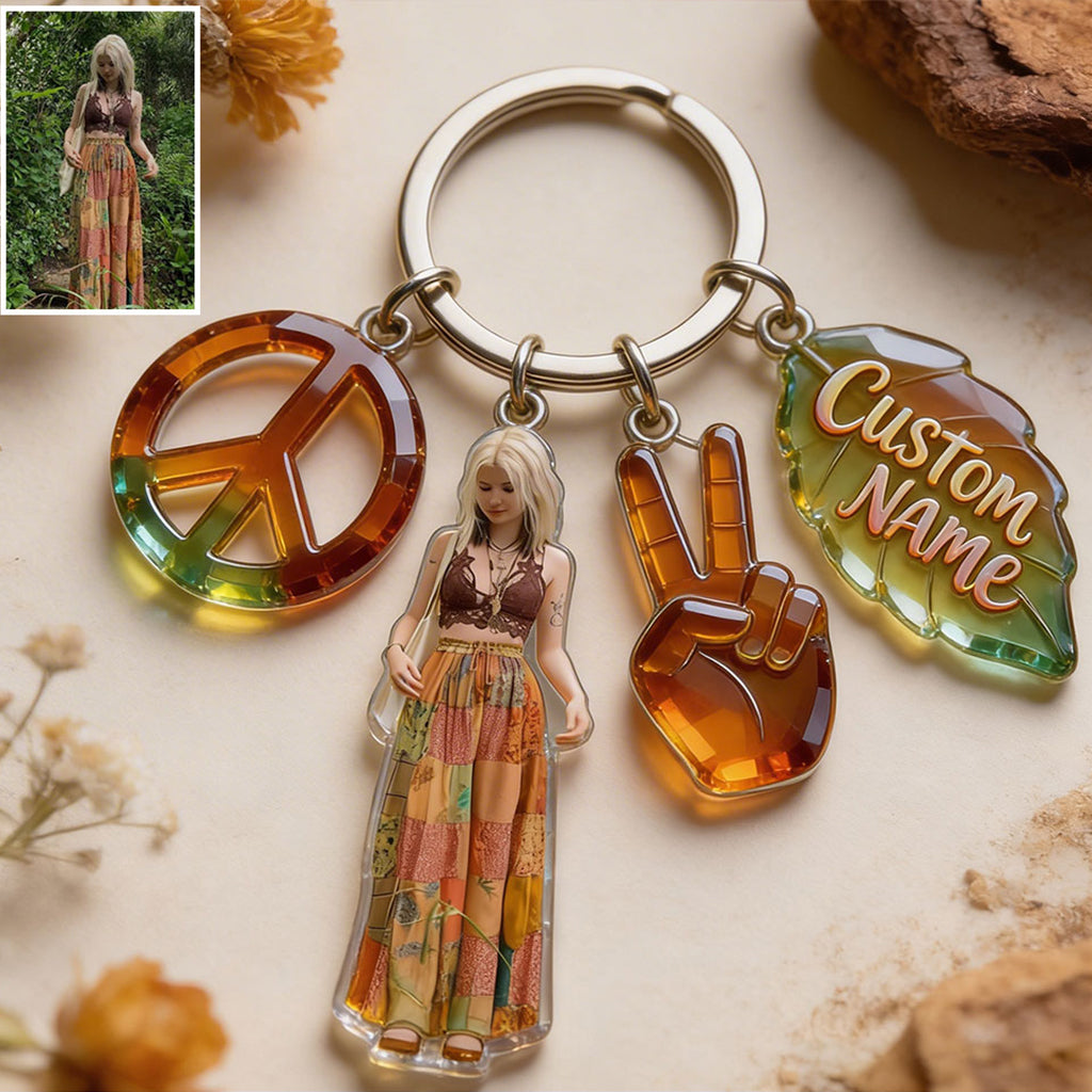 Custom Any Photo Hippie Gift - Personalized Hippie Premium Keychain With Charms