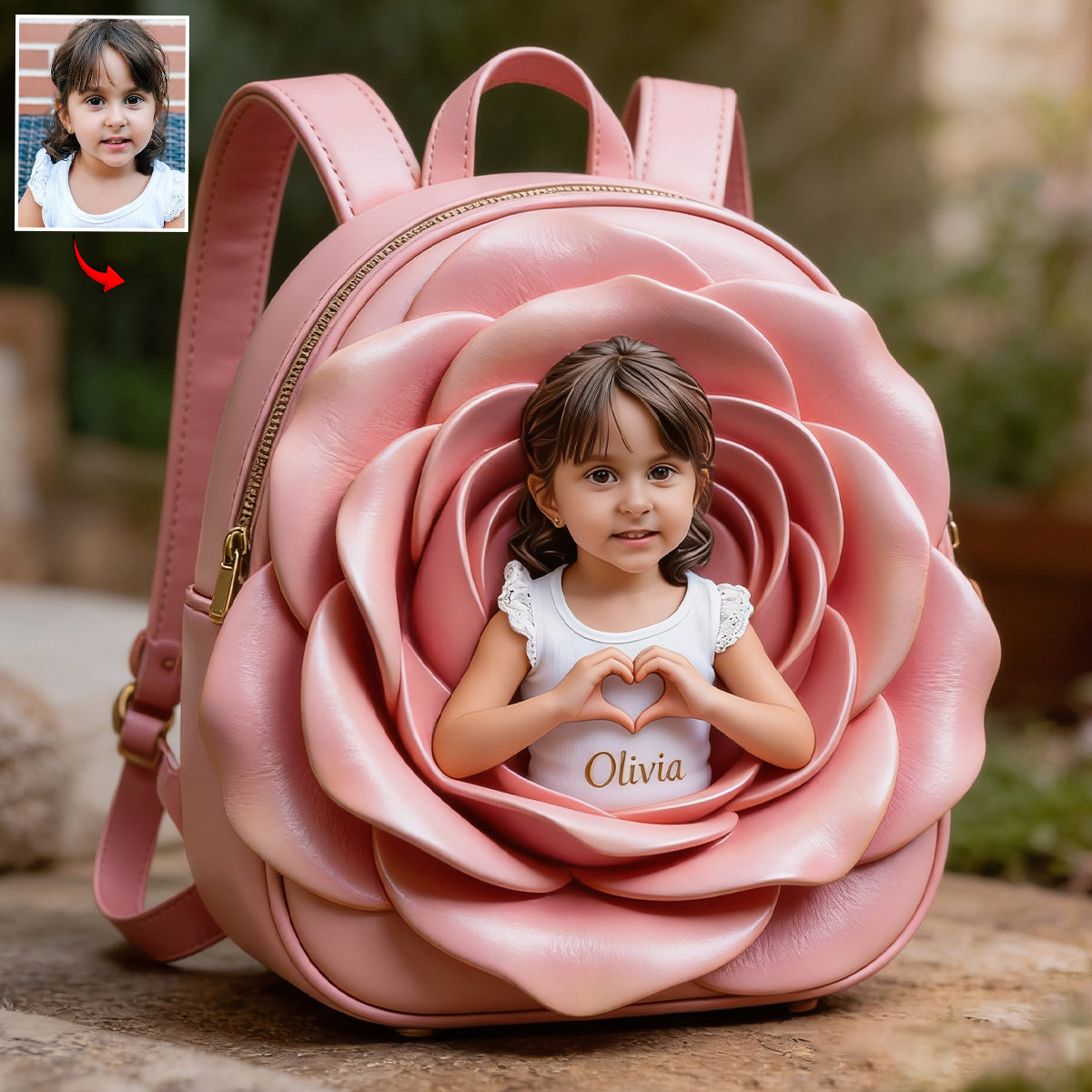 Personalisierter Rucksack mit Lederpatch - Foto und Blumen
