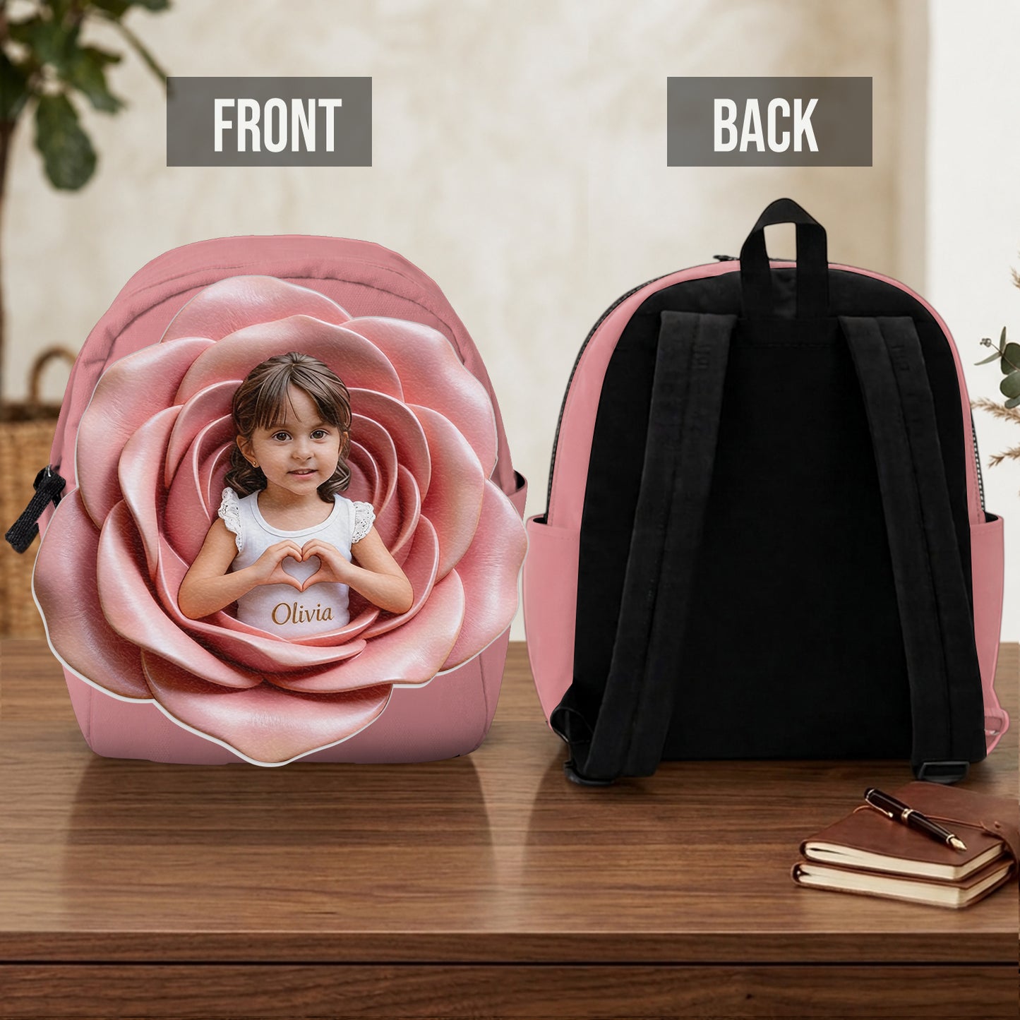 Personalisierter Rucksack mit Lederpatch - Foto und Blumen