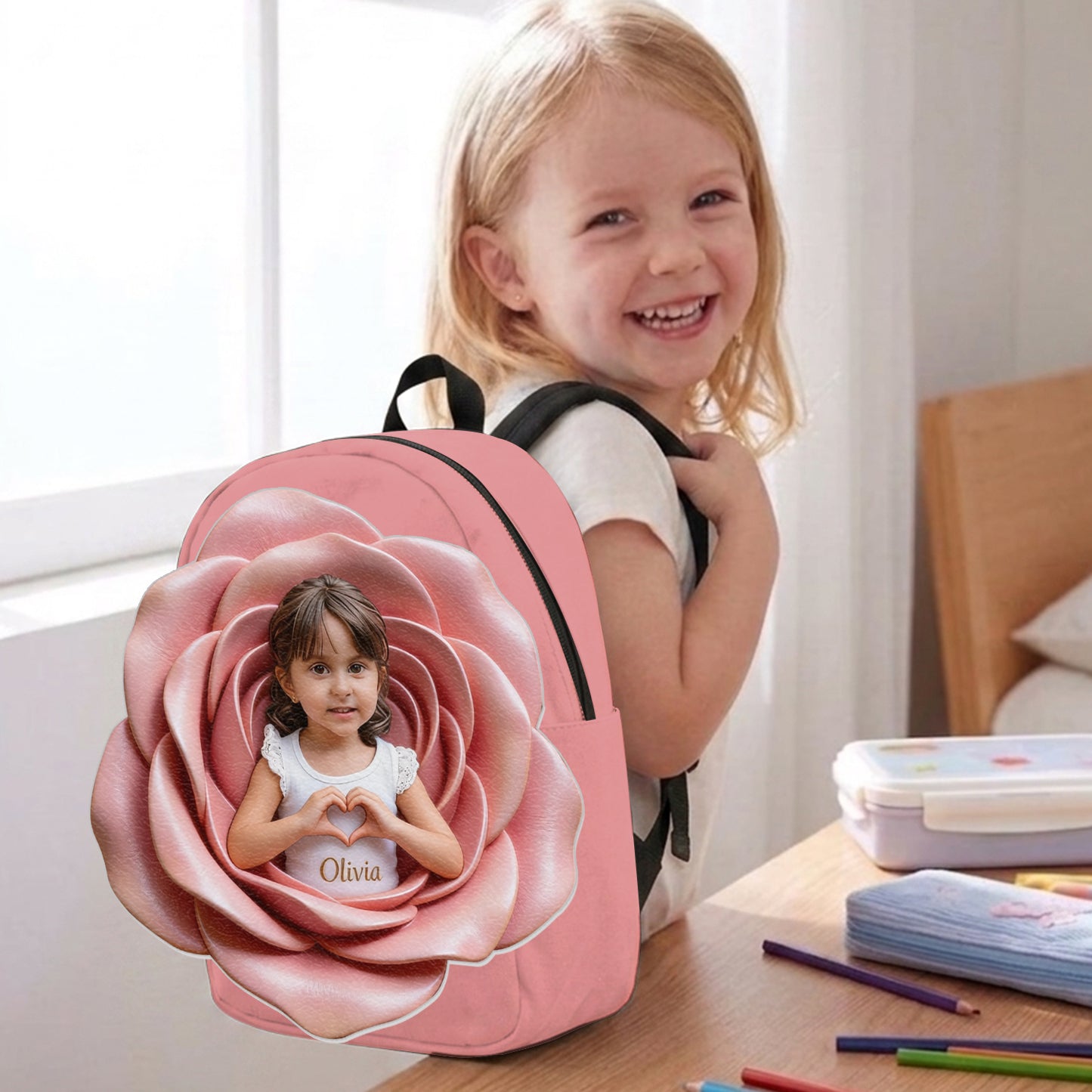Personalisierter Rucksack mit Lederpatch - Foto und Blumen