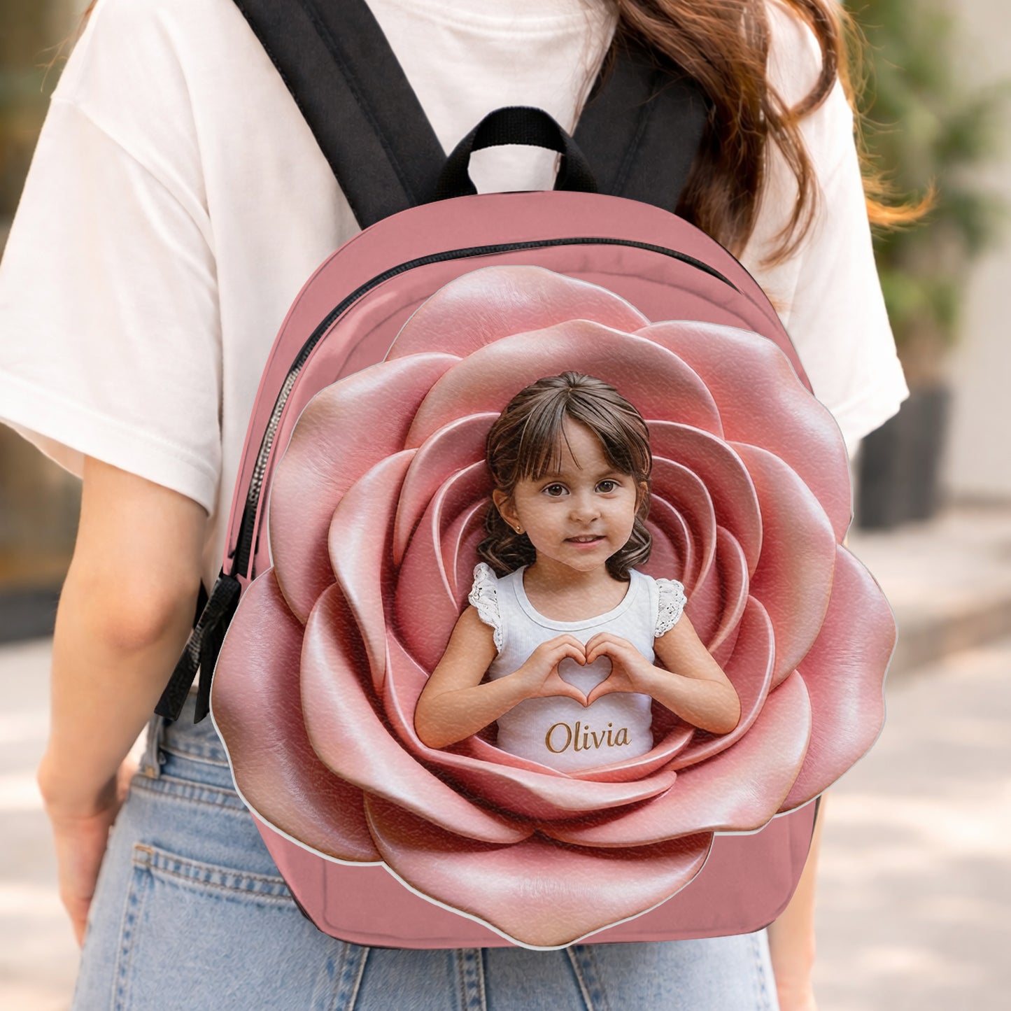 Personalisierter Rucksack mit Lederpatch - Foto und Blumen
