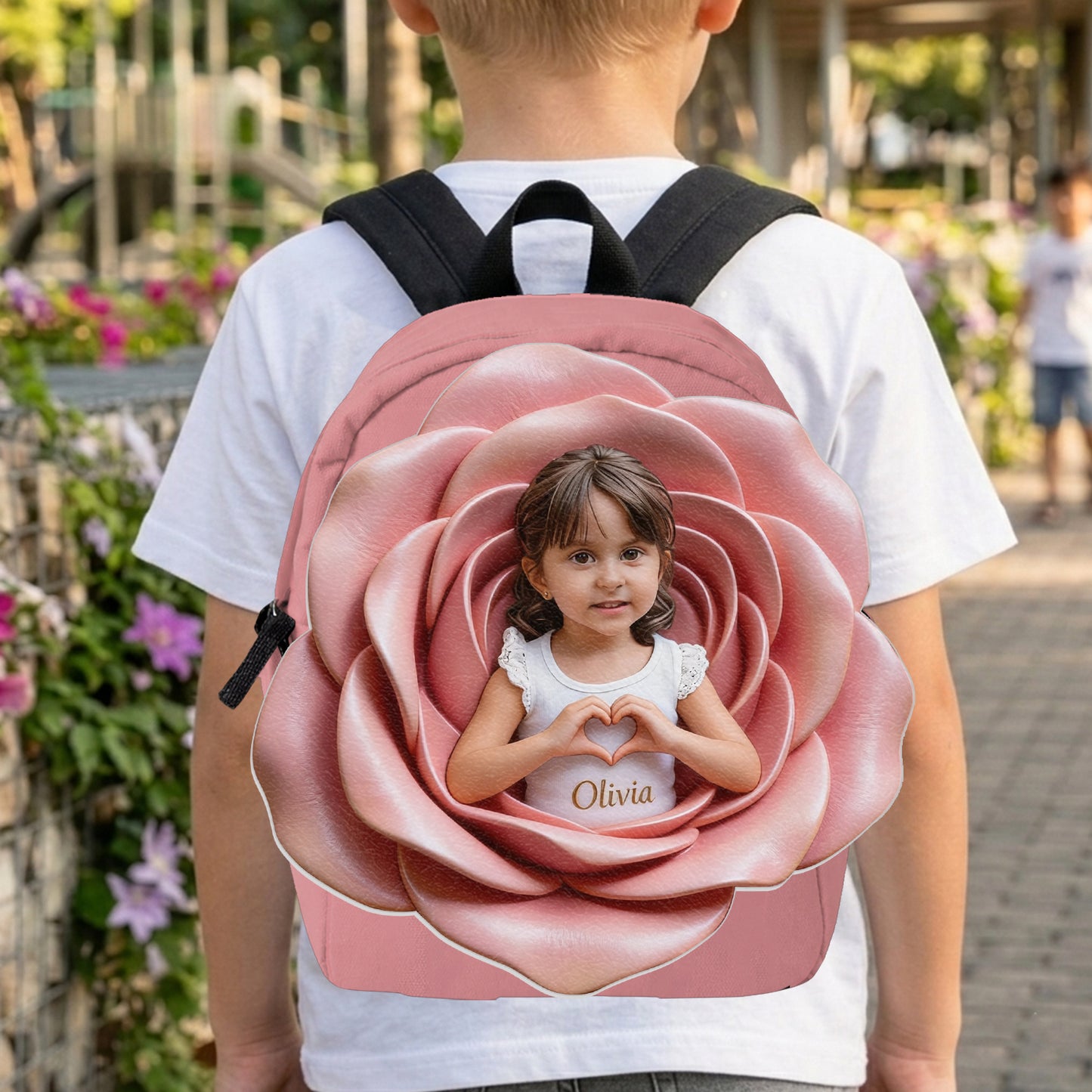 Personalisierter Rucksack mit Lederpatch - Foto und Blumen