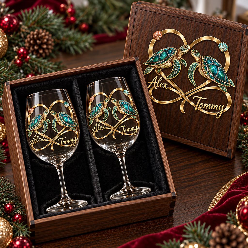 Forever Love Turtle Couple - Personalized Turtle Wine Glasses Set With Wooden Box