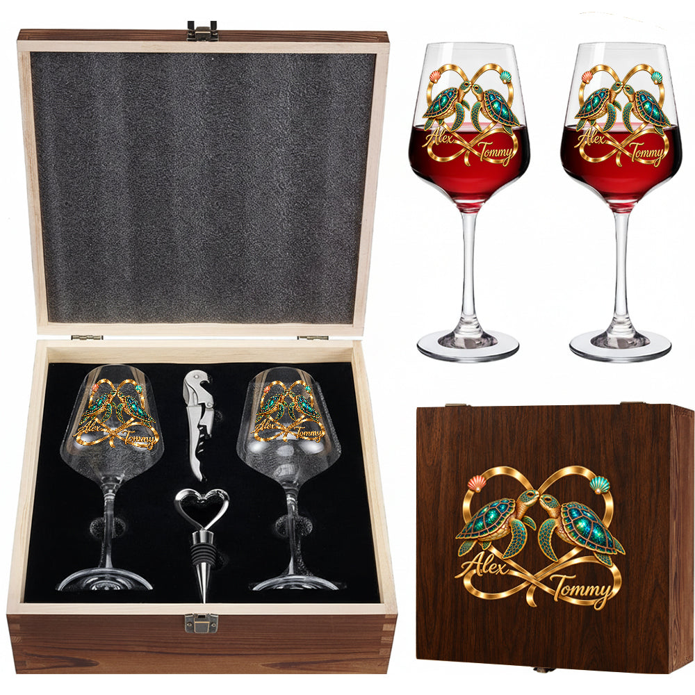 Forever Love Turtle Couple - Personalized Turtle Wine Glasses Set With Wooden Box