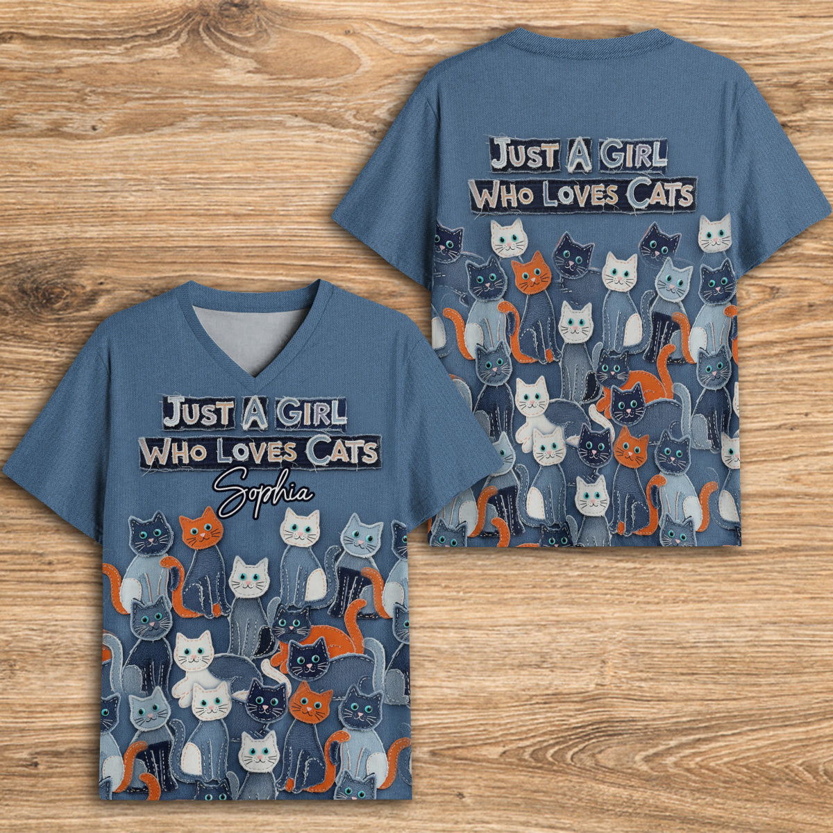 Einfach ein Mädchen, das Katzen liebt – personalisiertes T-Shirt mit V-Ausschnitt und vollflächigem Katzenaufdruck