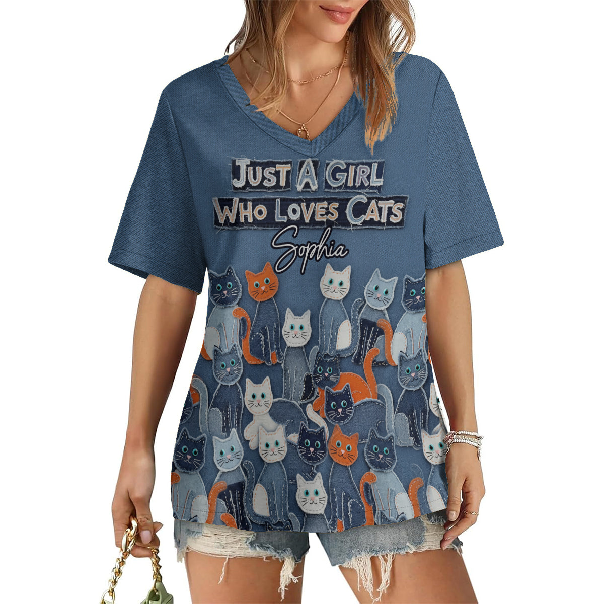 Einfach ein Mädchen, das Katzen liebt – personalisiertes T-Shirt mit V-Ausschnitt und vollflächigem Katzenaufdruck