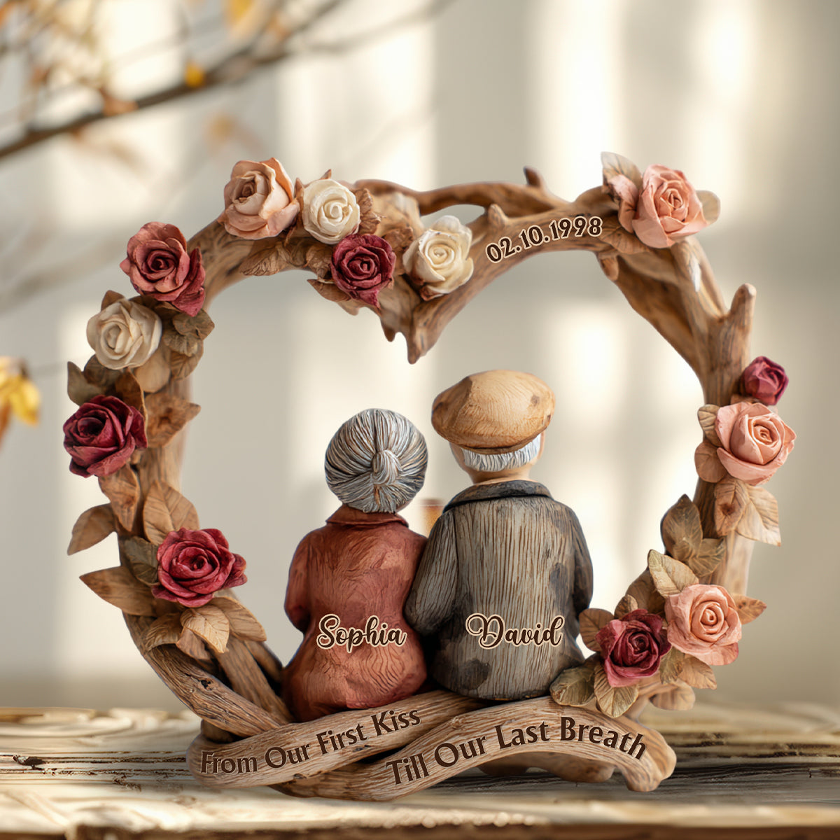 Vom ersten Kuss bis zum letzten Atemzug – personalisierte Acrylplakette in individueller Paarform