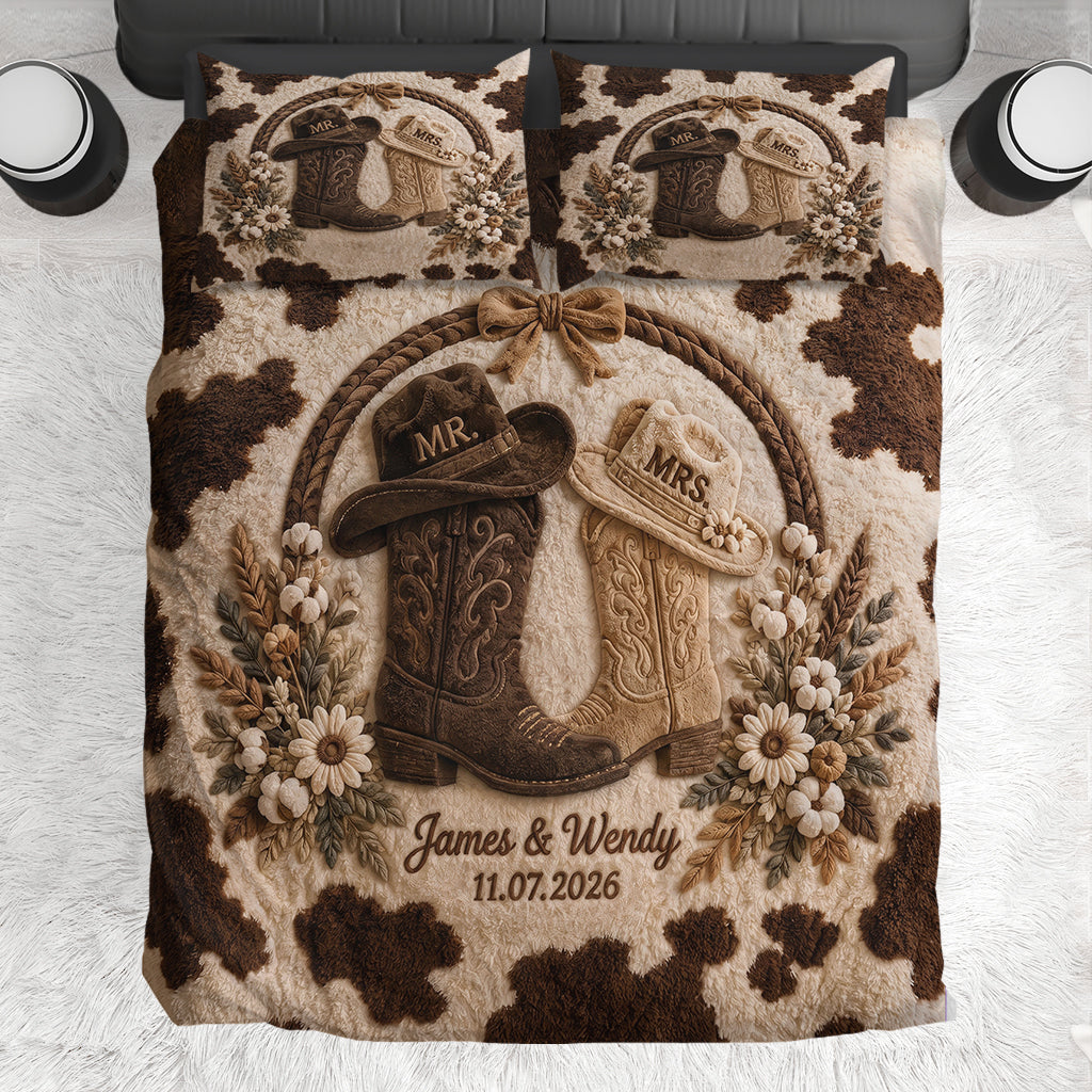 Couple Cowboy Boots And Hat - Personalized Western Outfit Bedding Set
