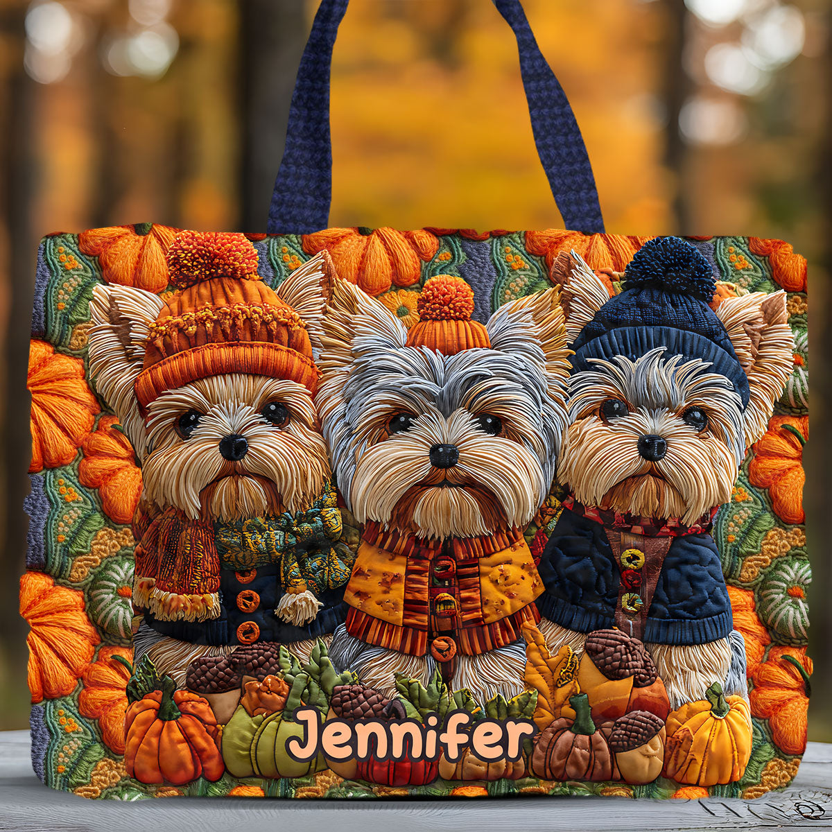Herbsthund – Personalisierte gesteppte Tragetasche mit Yorkshire-Terrier-Motiv
