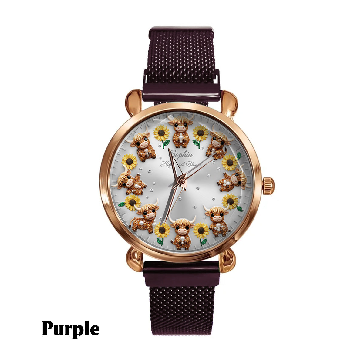 Sunflower & Cow - Personalized Highland Cow Women Hand Watch