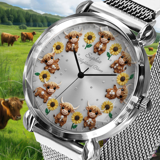 Sonnenblume & Kuh – Personalisierte Damen-Handuhr mit Hochlandrind