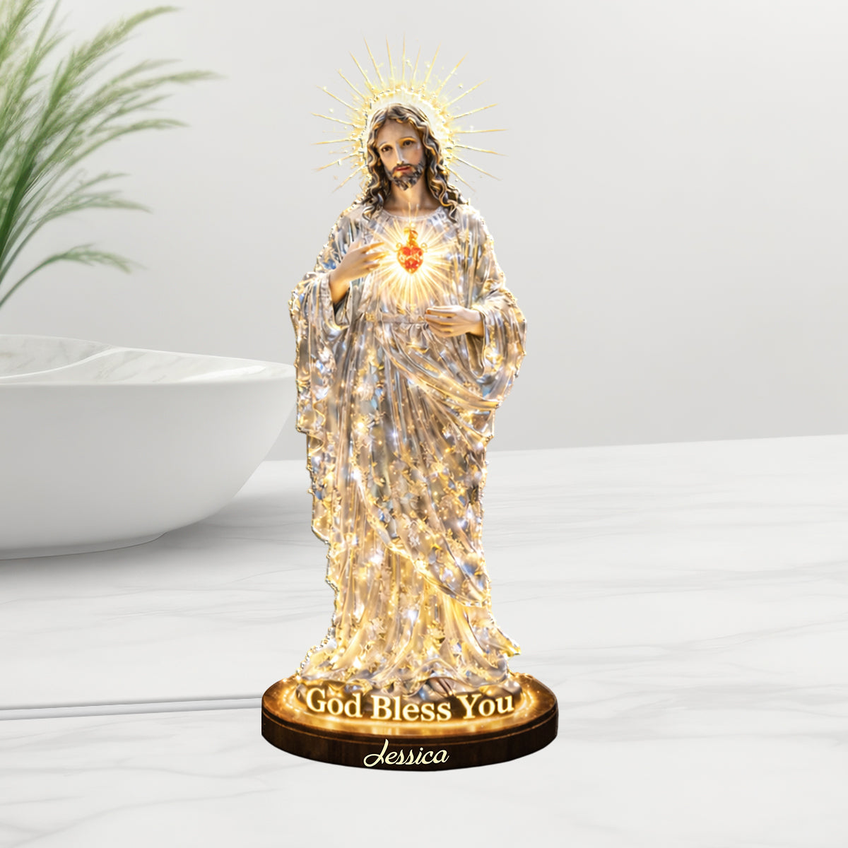 Heiliges Herz Jesu, Gott segne dich – Personalisierte christliche LED-Nachtleuchte aus Acryl