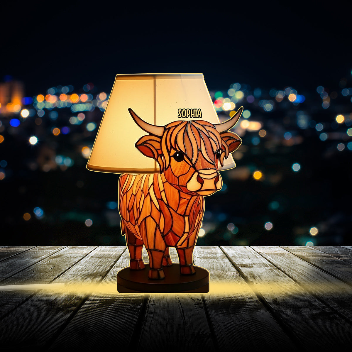 Tischlampe „Niedliches Hochlandrind“ – Personalisierte LED-Nachtleuchte aus Acryl mit Hochlandrind-Motiv