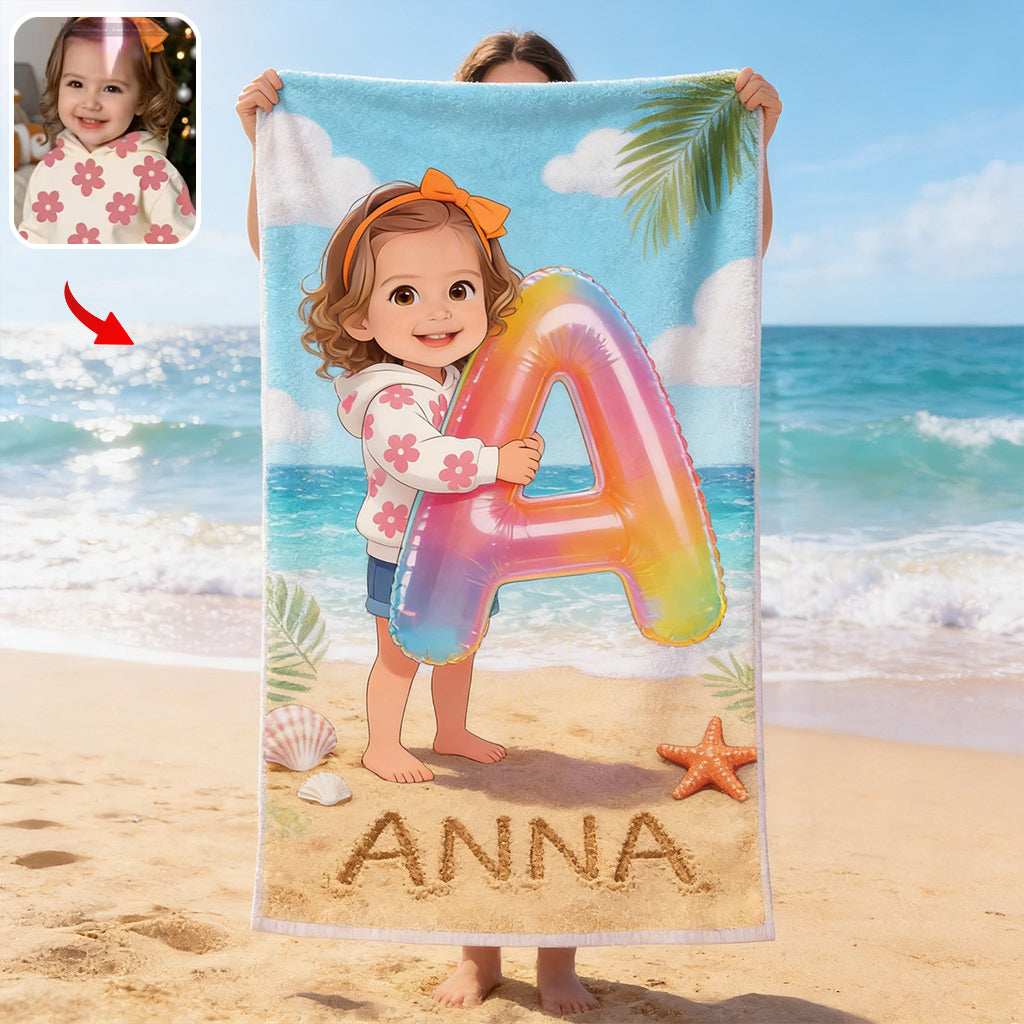 Kid Initial Custom From Any Photo - Personalized Kid Quick-dry Beach Towel/ Bath Towel