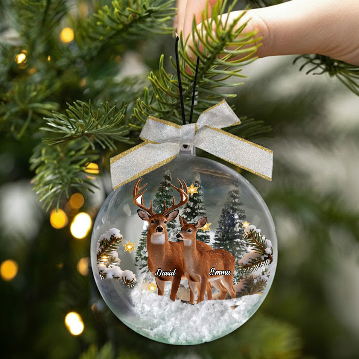 Couple Gifts Buck And Doe - Personalized Couple Snow Globe Ornament With Bow