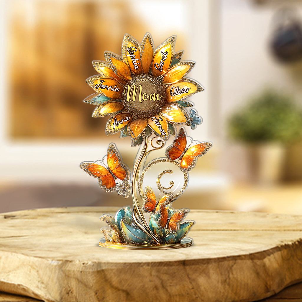 Wunderschönes Sonnenblumen-Geschenk für Mama und Oma – personalisierte Acrylplakette in individueller Form für die Mutter