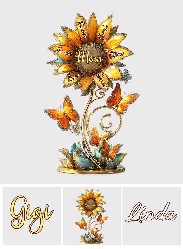 Wunderschönes Sonnenblumen-Geschenk für Mama und Oma – personalisierte Acrylplakette in individueller Form für die Mutter