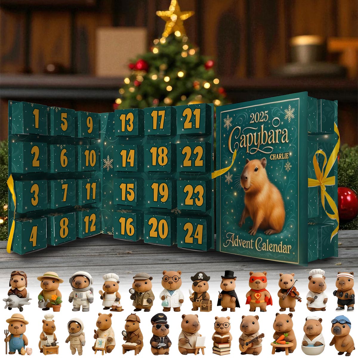 Cute Capybara 2025 Christmas - Personalized Rodent Animals (capybara, beaver, hamster, guinea pig) Folded Advent Calendar With Ornaments
