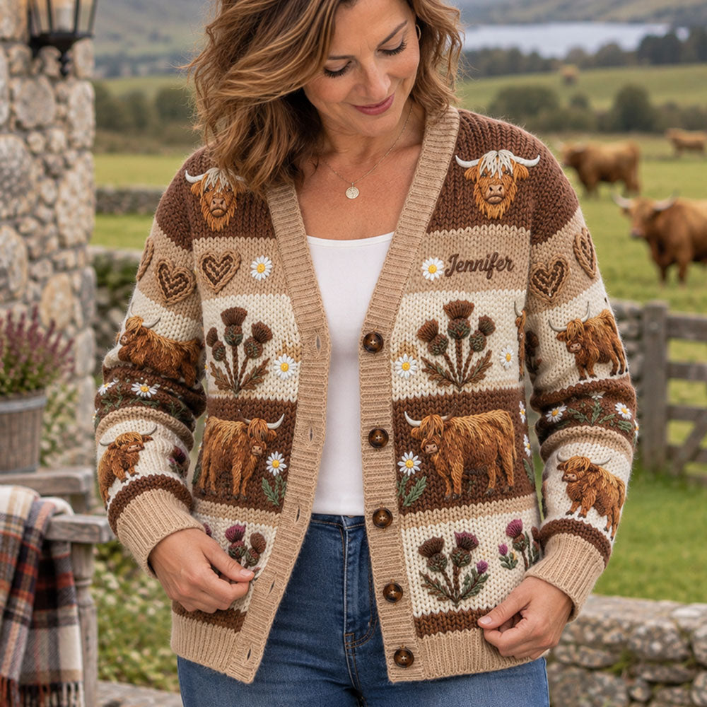 Farm Life - Personalisierter Highland Cow Cardigan Pullover
