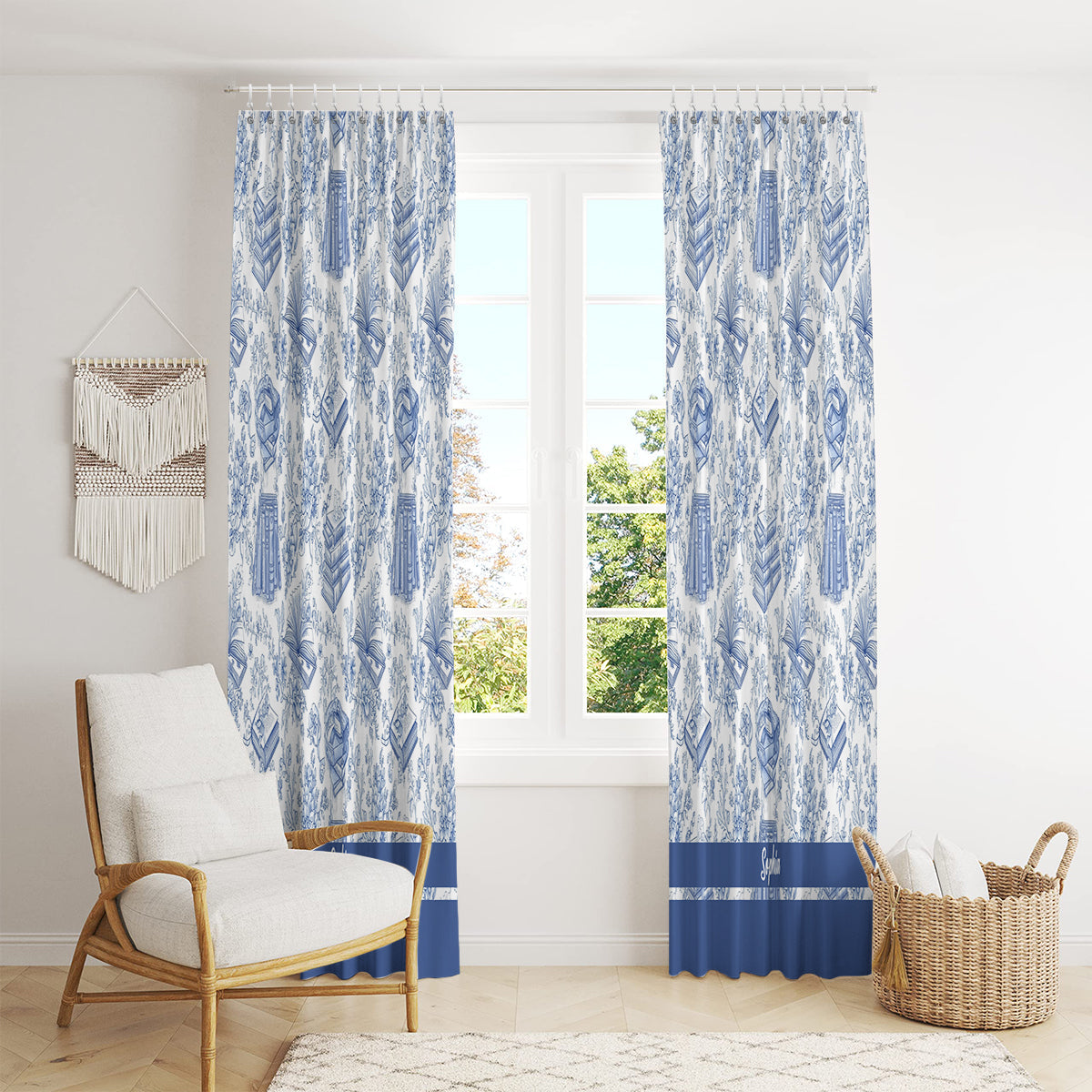 Toile De Jouy Chinoiserie Book - Personalized Book Blackout Window Curtain/ Drapes Set