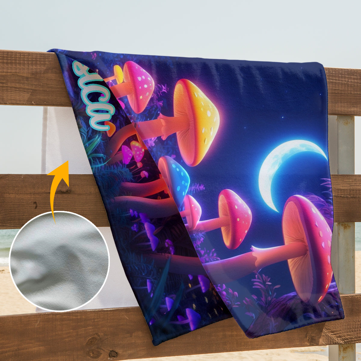 Into The Forest – Personalisiertes, schnelltrocknendes Strand-/Badetuch mit Pilzmotiv