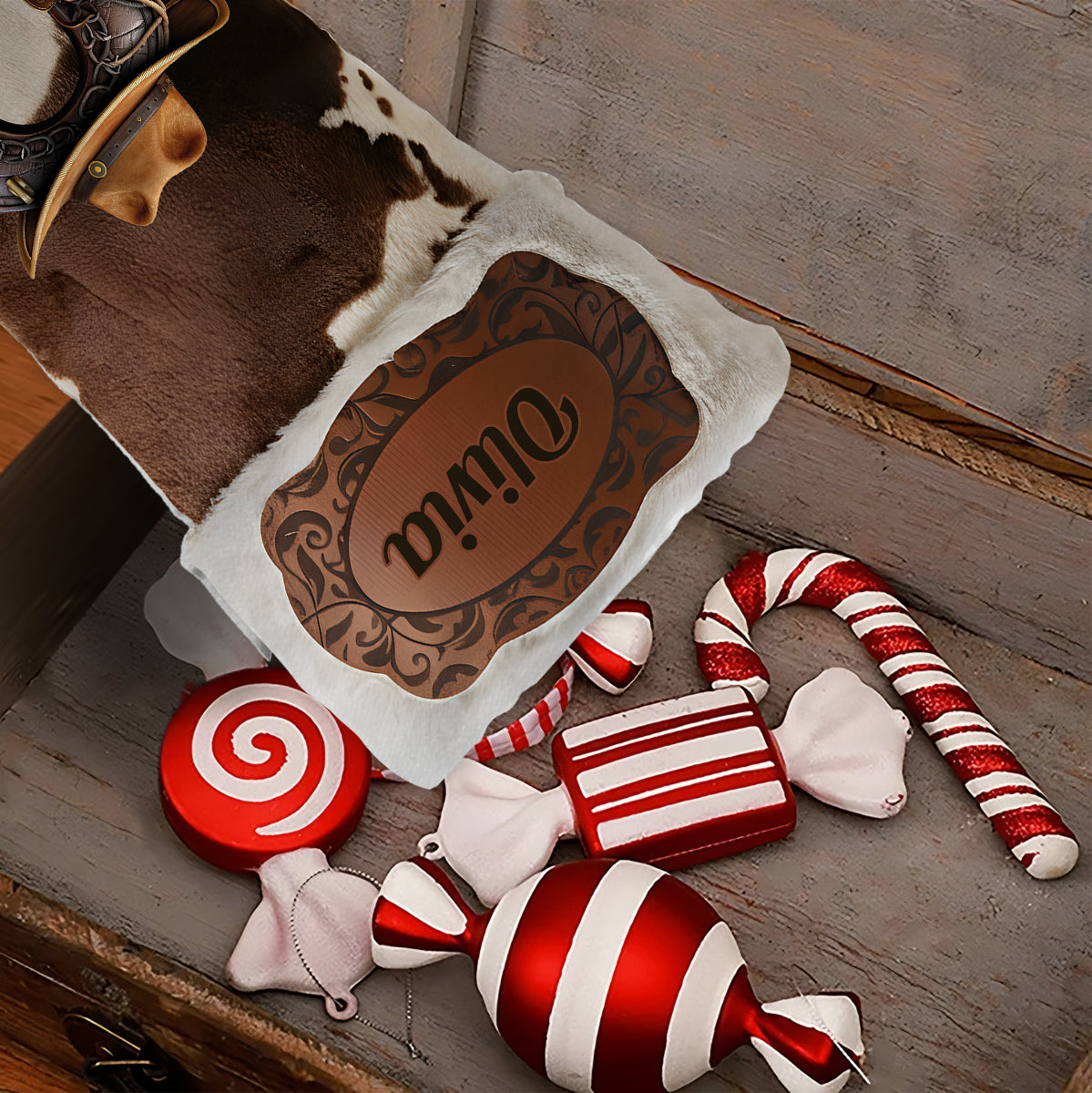 Hallo Weihnachten! – Personalisierter Weihnachtsstrumpf in Cowboy-/Cowgirl-Form mit Anfangsbuchstaben des Namens