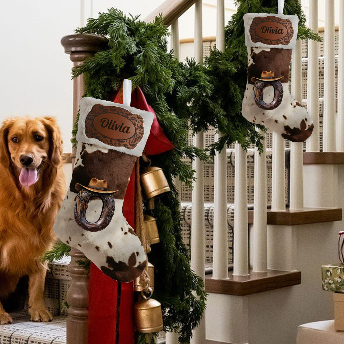 Hallo Weihnachten! – Personalisierter Weihnachtsstrumpf in Cowboy-/Cowgirl-Form mit Anfangsbuchstaben des Namens