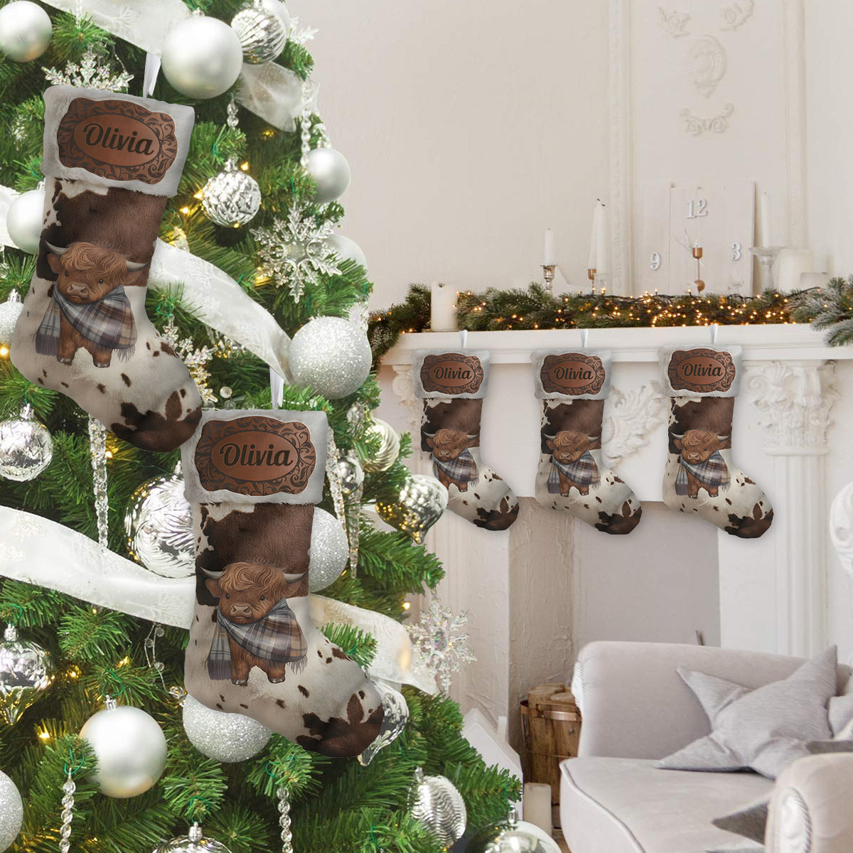 Merry Christmas - Personalized Highland Cow Shaped Christmas Stocking