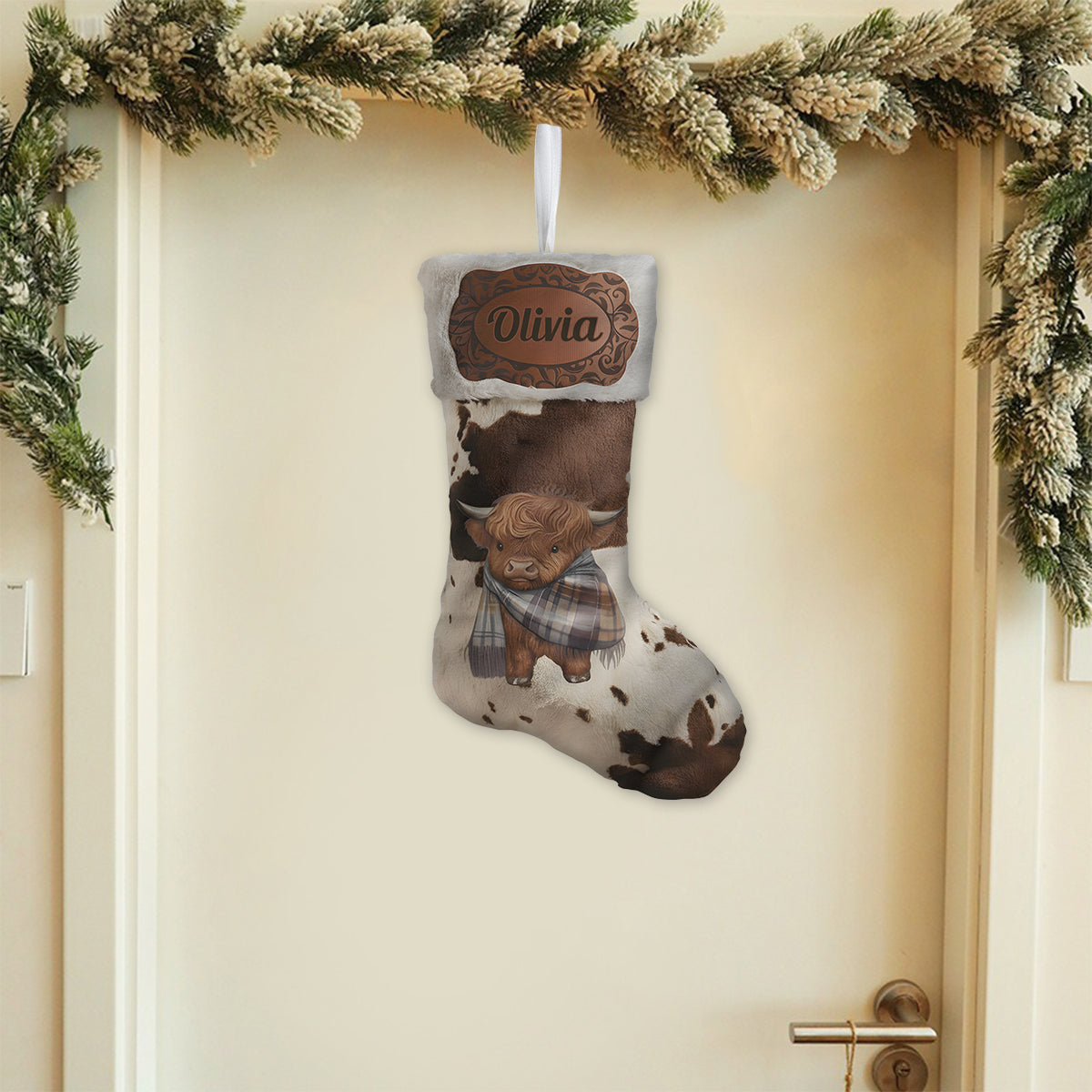 Merry Christmas - Personalized Highland Cow Shaped Christmas Stocking