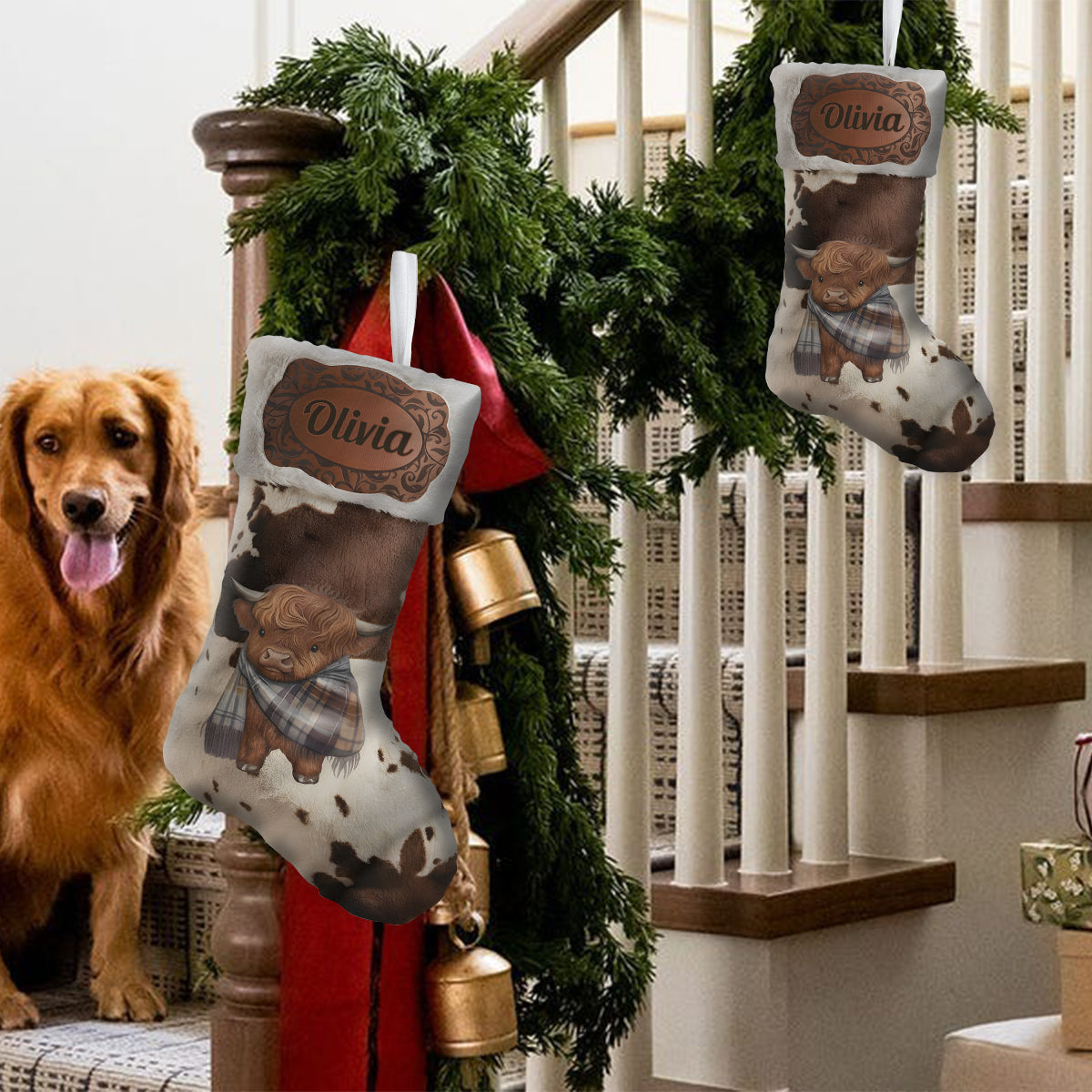 Merry Christmas - Personalized Highland Cow Shaped Christmas Stocking