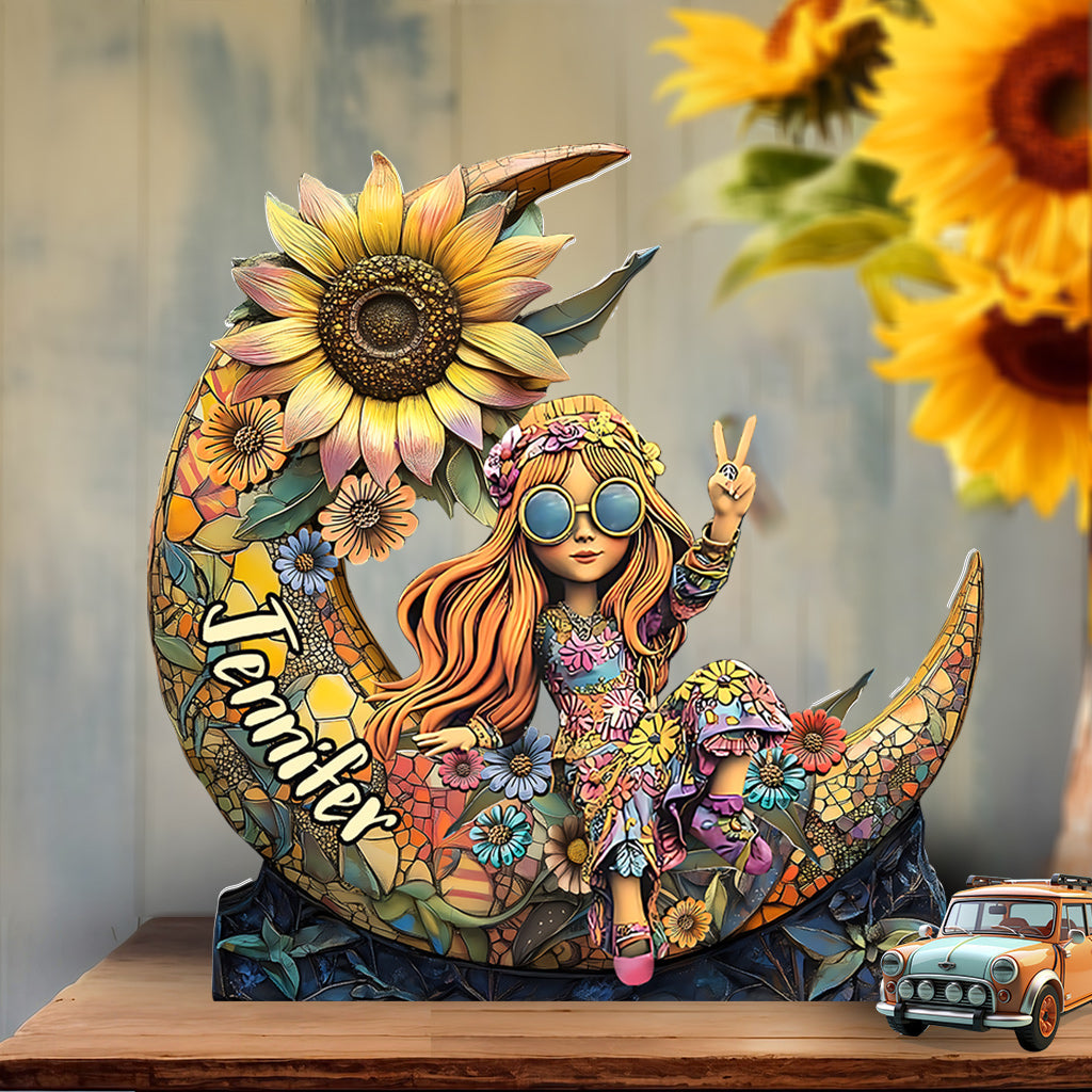 Bunter Blumenmond – personalisierte Acrylplakette in Hippie-Form