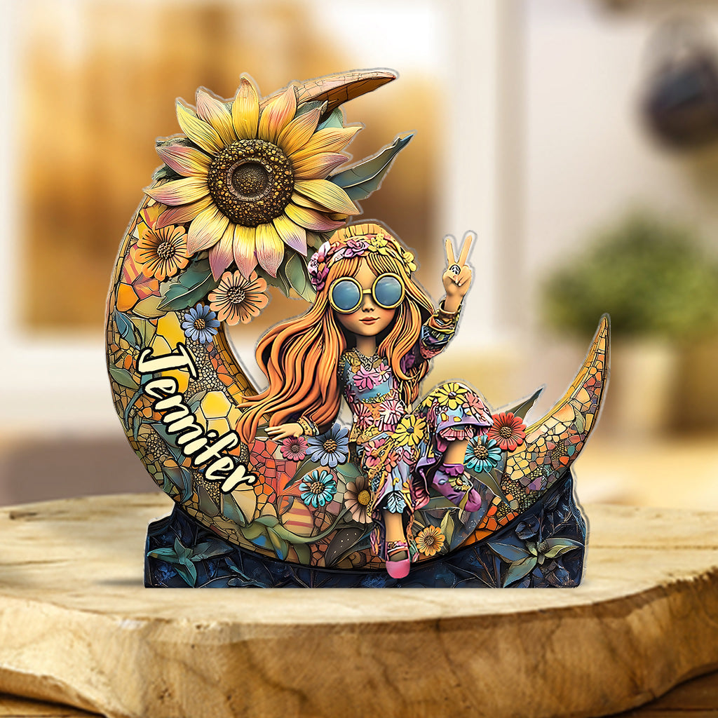 Bunter Blumenmond – personalisierte Acrylplakette in Hippie-Form