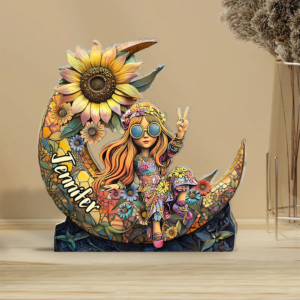 Bunter Blumenmond – personalisierte Acrylplakette in Hippie-Form