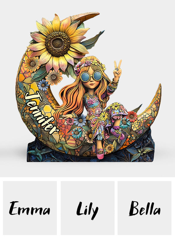 Bunter Blumenmond – personalisierte Acrylplakette in Hippie-Form