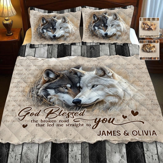 God Blessed The Broken Roads  - Personalized Wolf Quilt Set
