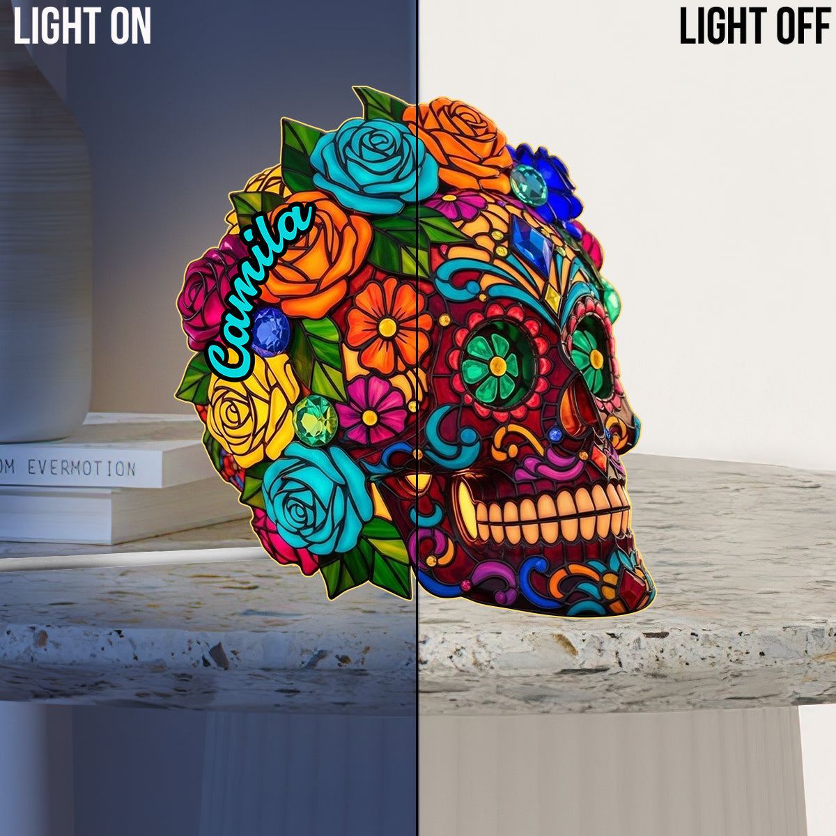 Wunderschöner Zuckerschädel – Personalisierte Totenkopf-LED-Nachtleuchte aus Acryl