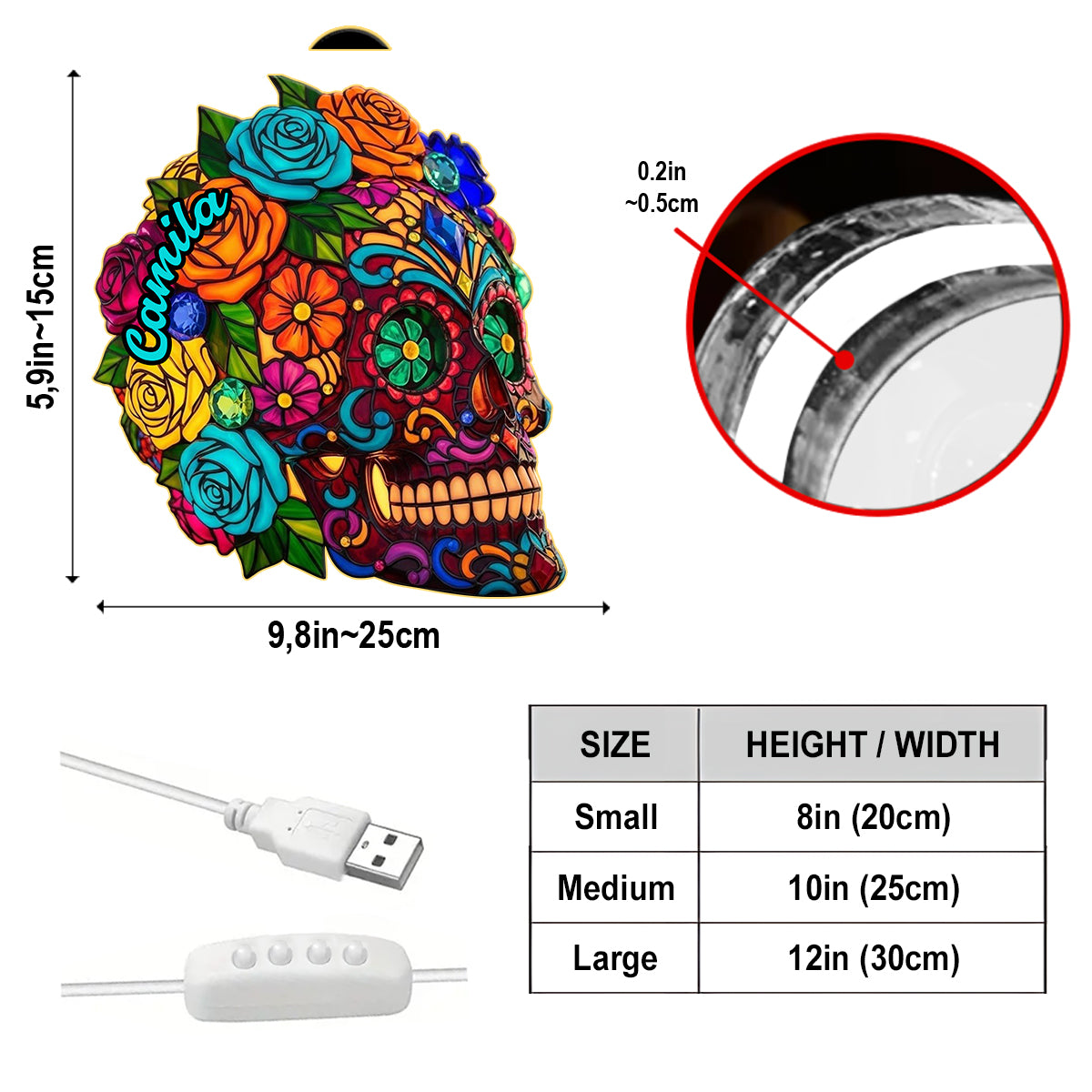 Wunderschöner Zuckerschädel – Personalisierte Totenkopf-LED-Nachtleuchte aus Acryl