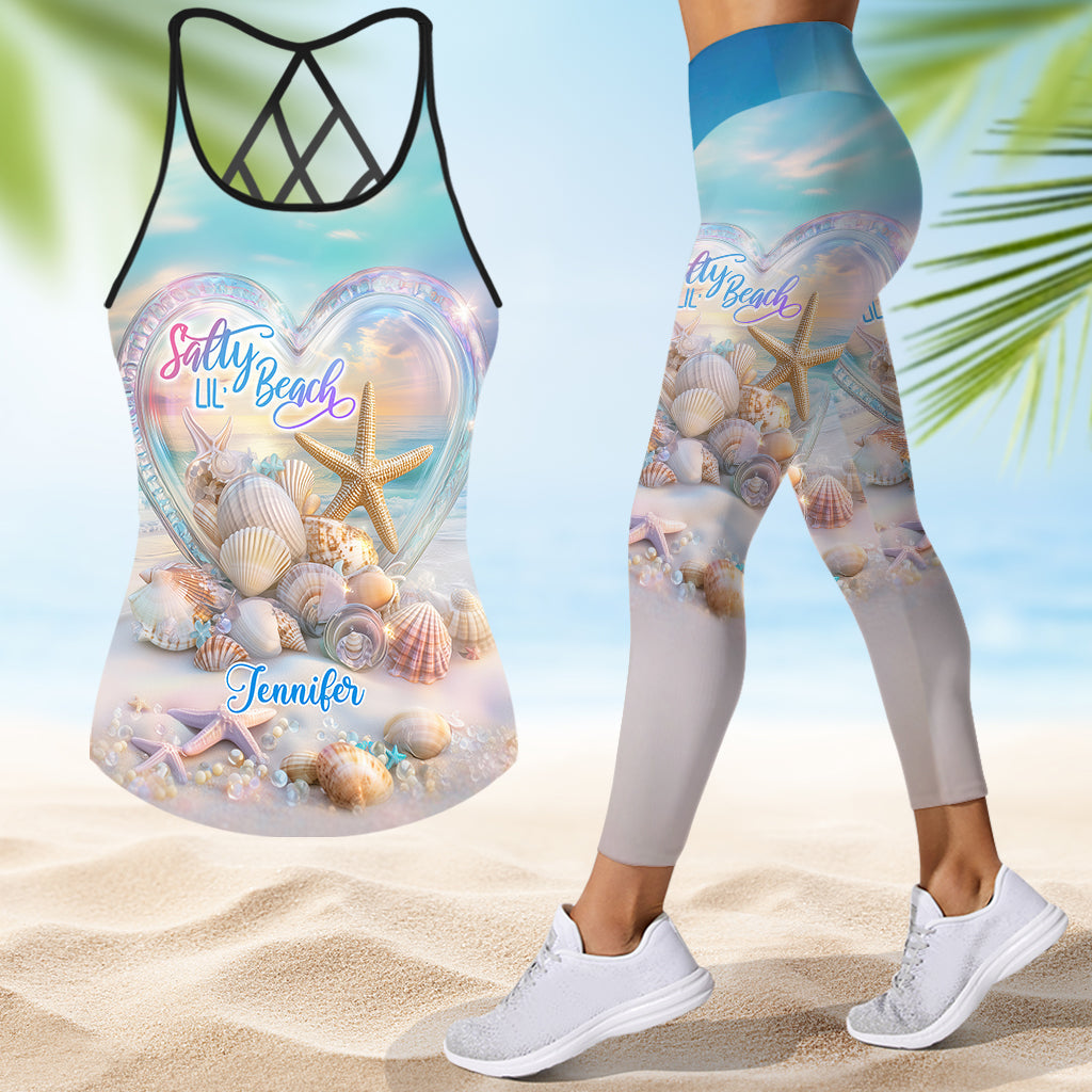 Salty Lil Beach – Personalisiertes Tanktop und Leggings für Meeresliebhaber mit Kreuzmuster