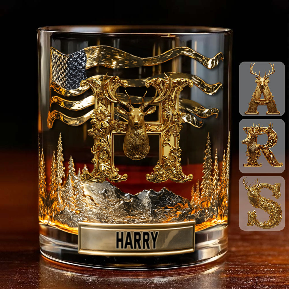 Alphabet Initial For Hunting Lovers - Personalized Hunting Whiskey Glass