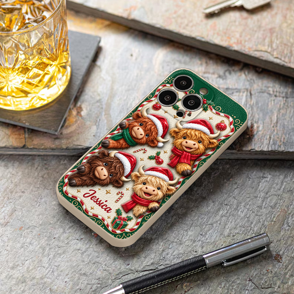 Merry Christmas Cute Highland Cows - Personalized Highland Cow 3D Embossed Leather Phone Case